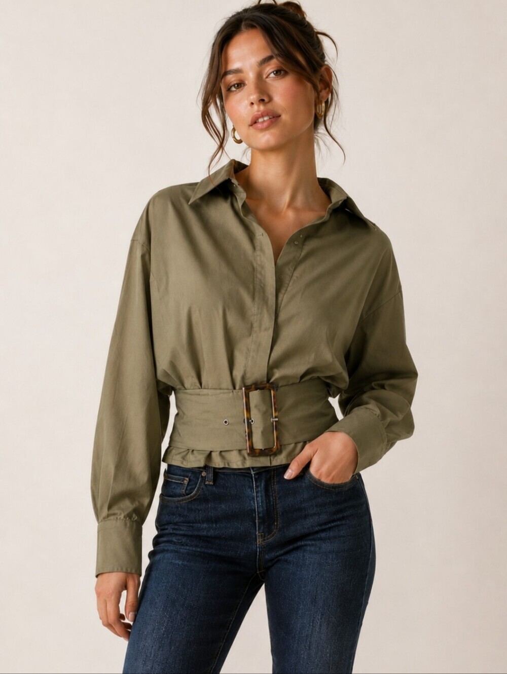 Aveloria Khaki Belted Peplum Blouse Large Long Sleeve Collared Top EUC